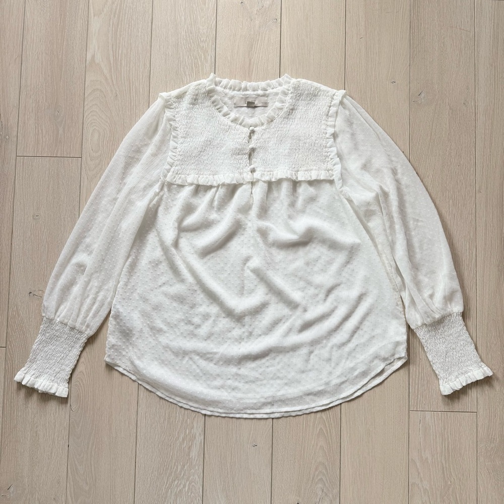 LOFT Ruched Detailed Polka Dot Blouse in White Women’s Size MP